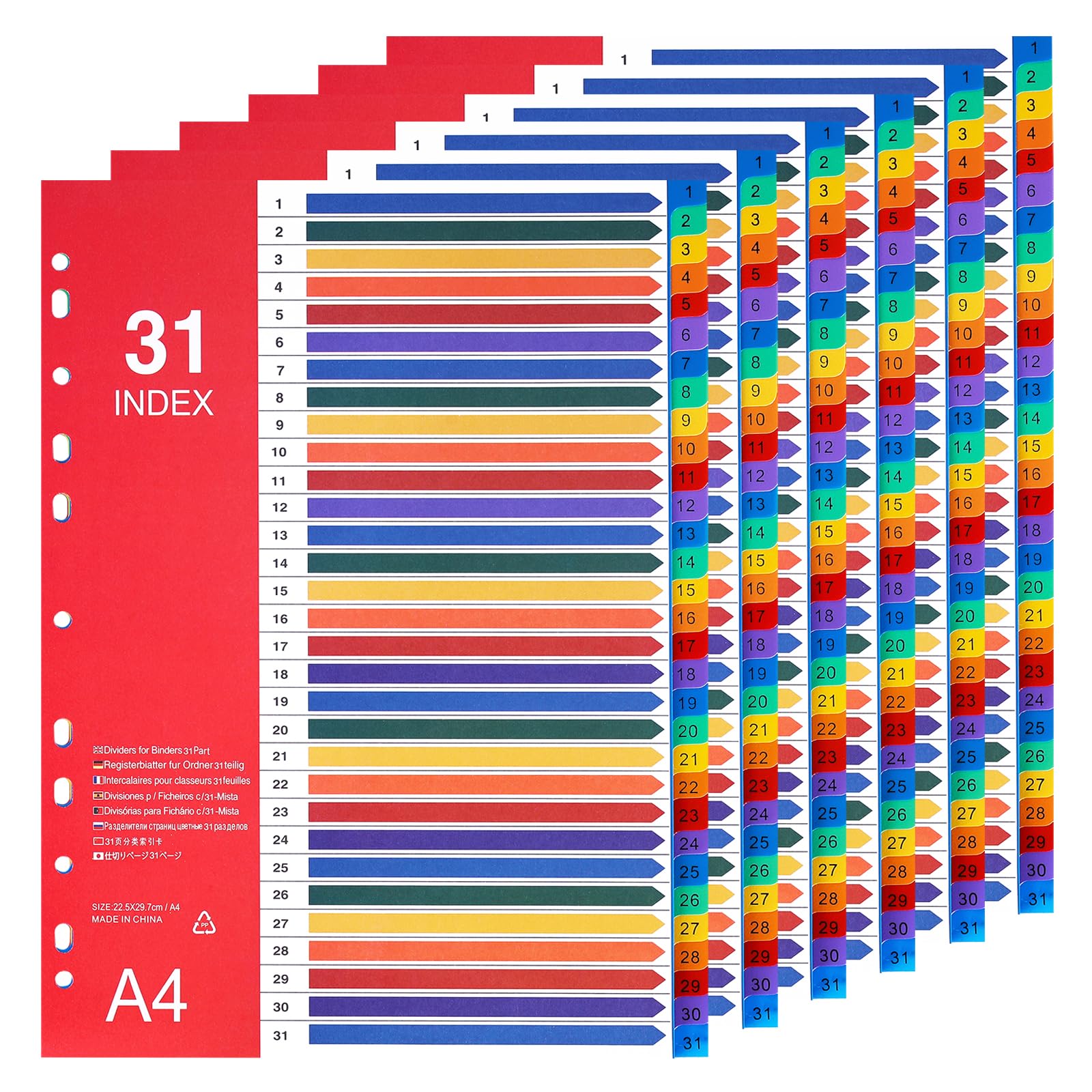 Hotyin File Dividers A4, 31 Part Folder Dividers, 6 Pack Plastic Binder Dividers with Multi Holes Punched, Multicolor A4 Dividers for Lever Arch Files