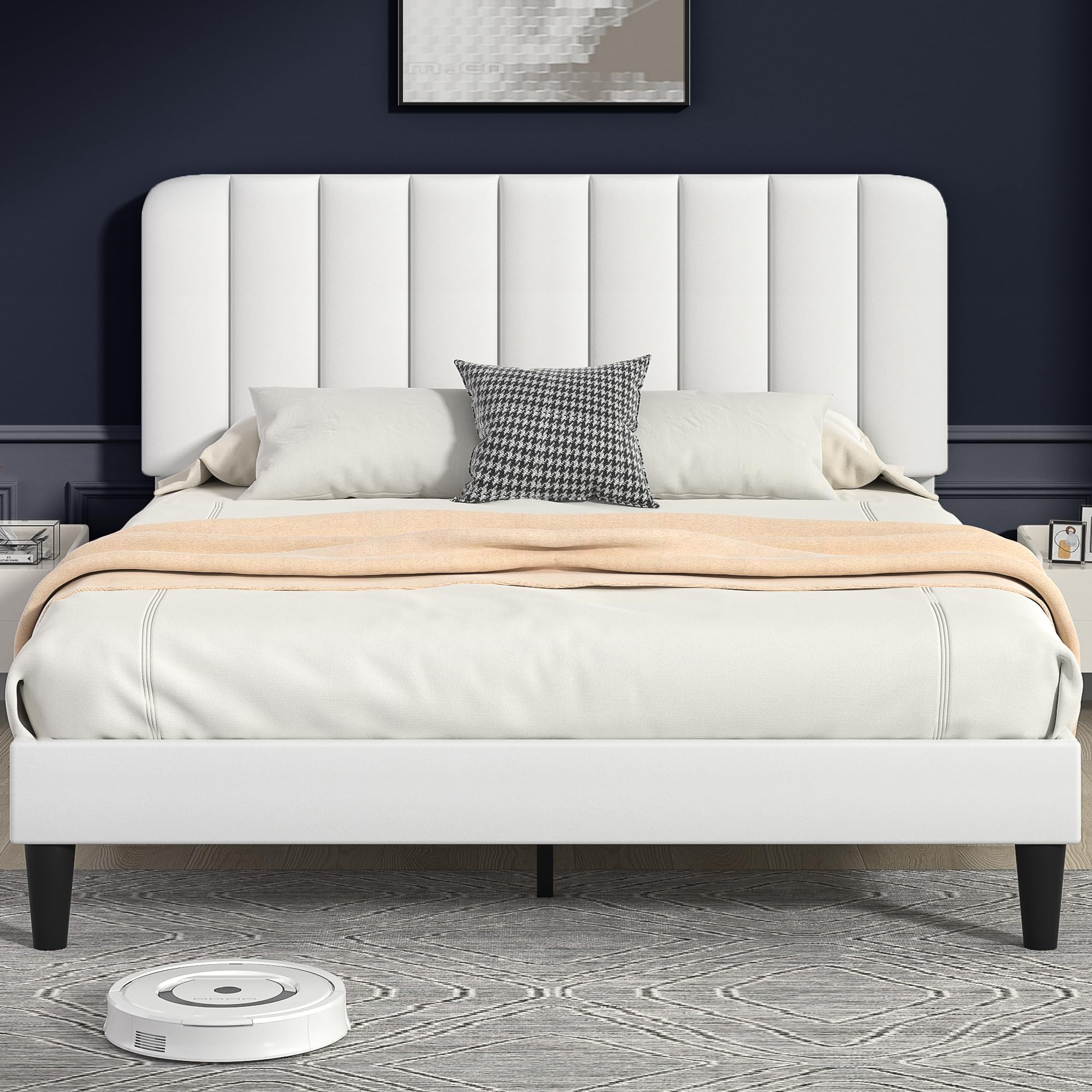 Photo 1 of VECELO Full Size Bed Frame with Upholstered Headboard, Velvet Platform Bedframe Mattress Foundation, Strong Wood Slat Support, No Box Spring Needed,White