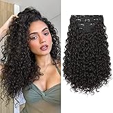 FLUFYMOOZ Clip in Hair Extensions, 18'' 4PC 100% Pure Protein Silk Curly Hair extension for Women Lace Weft Hairpiece Natural Soft and comfortable for Daily Use-Dark Chocolate Brown