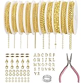 18K Gold Necklace Chains for Jewelry Making 10 Rolls Permanent Bracelet Kit Chains Bulk for DIY Bracelet Necklace Jewelry Making with 26 Letters Charm Jump Rings and Connectors Lobster Clasp Adult