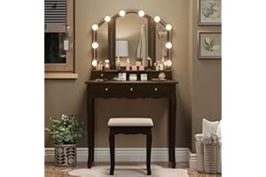Tiptiper Vanity Desk, Makeup Vanity Set with Lighted Mirror and Stool, Dressing Table with 5 Drawers, 3 Light Settings & Adjustable Brightness, Espresso
