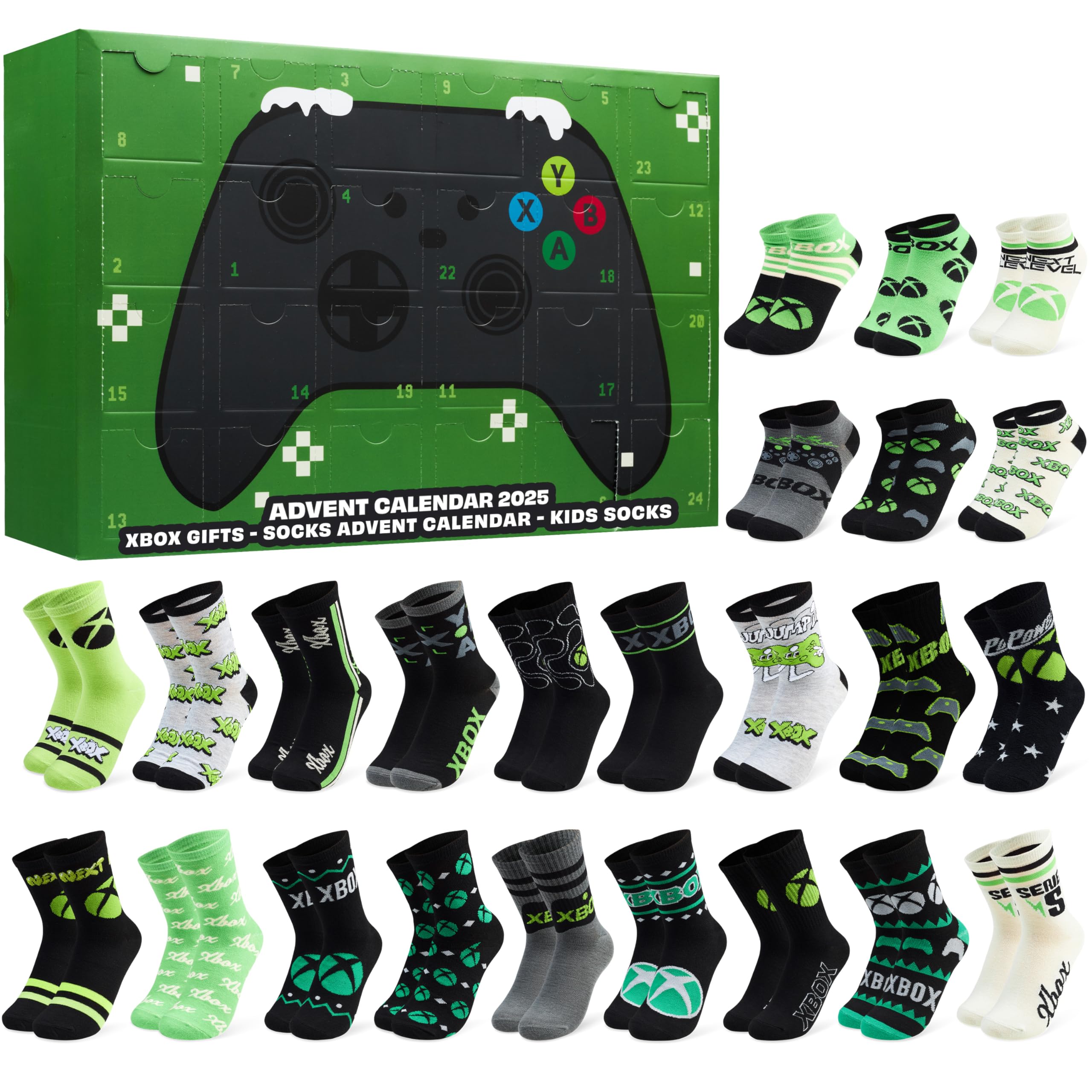 Get Trend Xbox Socks Advent Calendar 2025 for Boys & Teens UK 2.5-6.5, 24 Pairs of Casual & Sports Socks, Christmas Countdown, Gamer Gifts for Him (Green Xbox)