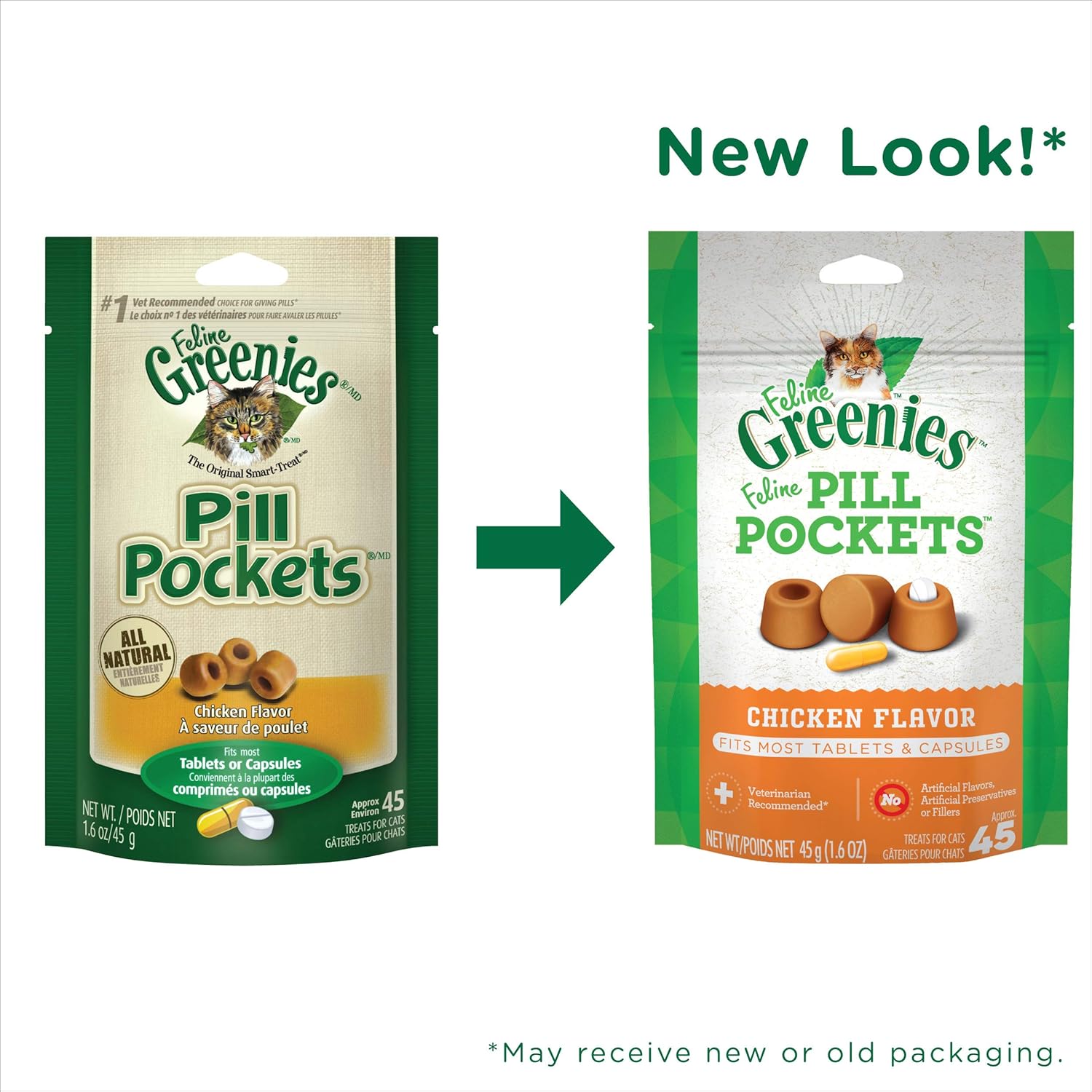 FELINE GREENIES PILL POCKETS for Cats Natural Soft Cat Treats, Chicken Flavor, 1.6 oz. Pack (45 Treats) : Pet Snack Treats : Pet Supplies