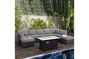 Lviden 9 Pieces Wicker Patio Furniture Set Outdoor PE Rattan Sectional Conversation Sofa Set with Grey Cushions and 45” Gas fire Pit Table
