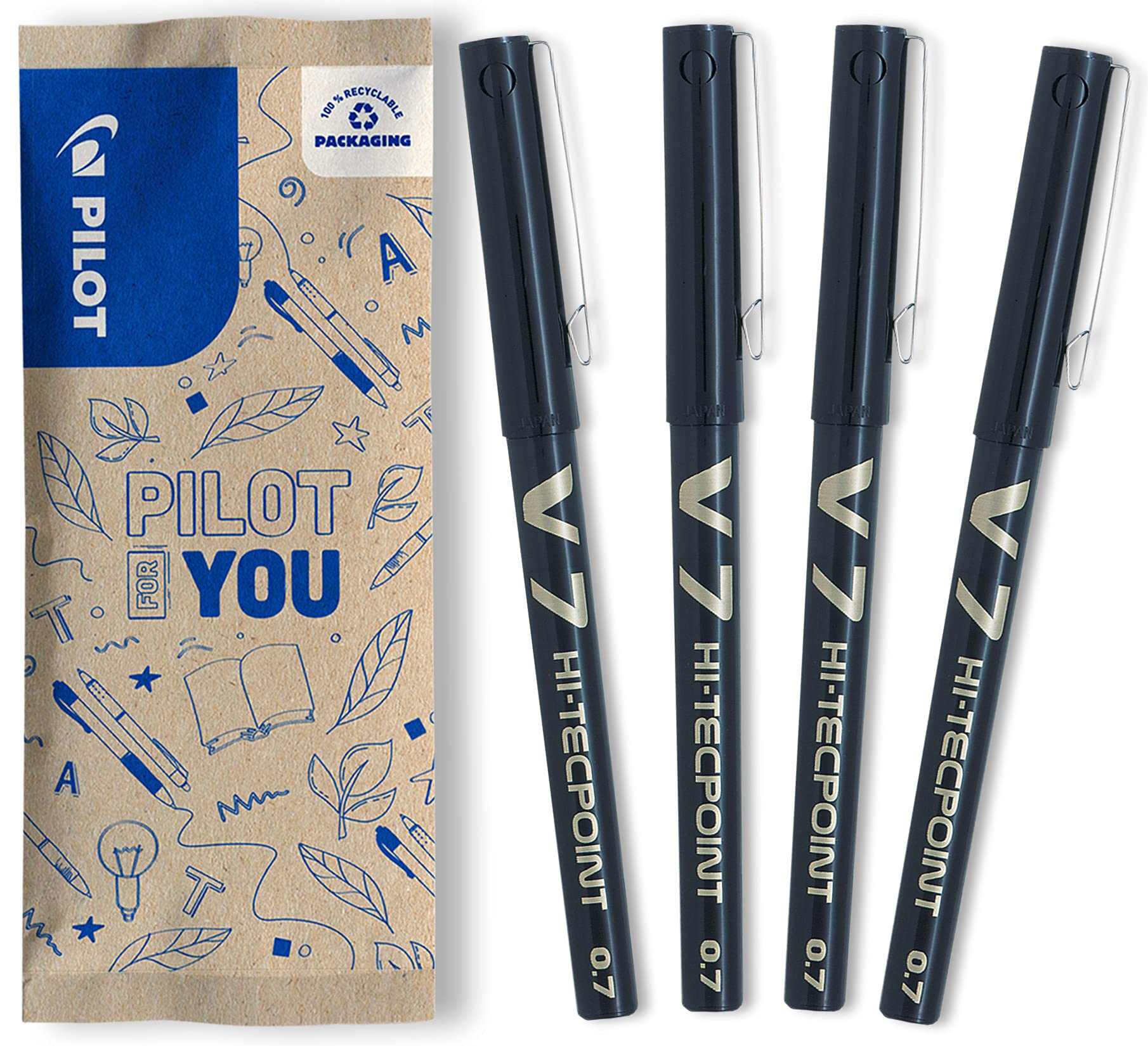 Pilot V7 Liquid Ink Rollerball 0.7mm Tip - Black (Pack of 4)