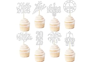 Gyufise 24Pcs 2026 Happy New Year Cupcake Toppers Silver Glitter Firework Clock Hello 2026 Cheers to 2026 Cupcake Pick Decorations for New Years Eve Party Favor Decorations Supplies