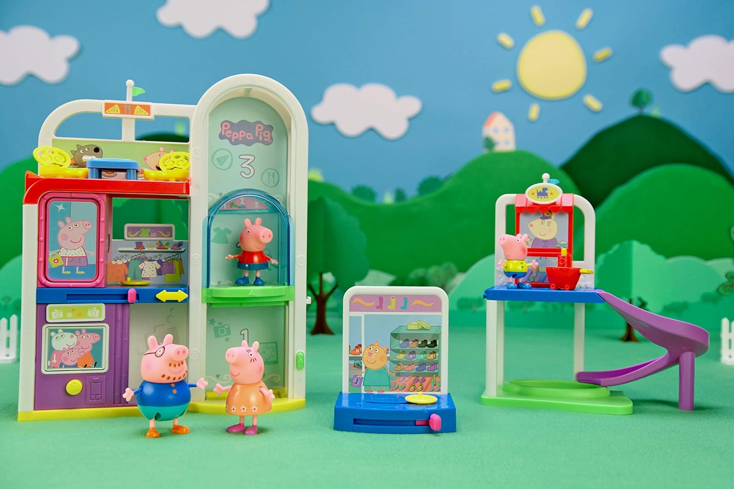 Peppa Pig Shopping Mall with Family, Includes 1 Connectable Mall Playset, 4 Character Toy Figures, 2 Chairs, 1 Pizza Table, 1 Toy Boat – Toys for Kids -  Exclusive: Toys & Games