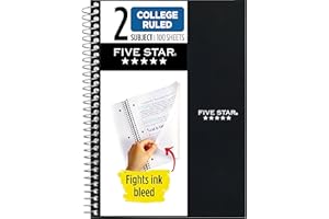 Five Star Small Spiral Notebook, 2 Subject, College Ruled Paper, 9-1/2" x 6", 100 Sheets, Black (72285)