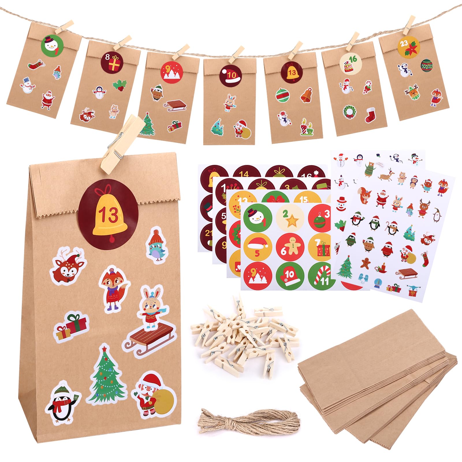 Naler DIY Advent Calendar Kit Empty Advent Calendar 2025 with 24 Paper Bags and Stickers Paper Make Your Own Advent Calendar Lovely Christmas Advent Calendar