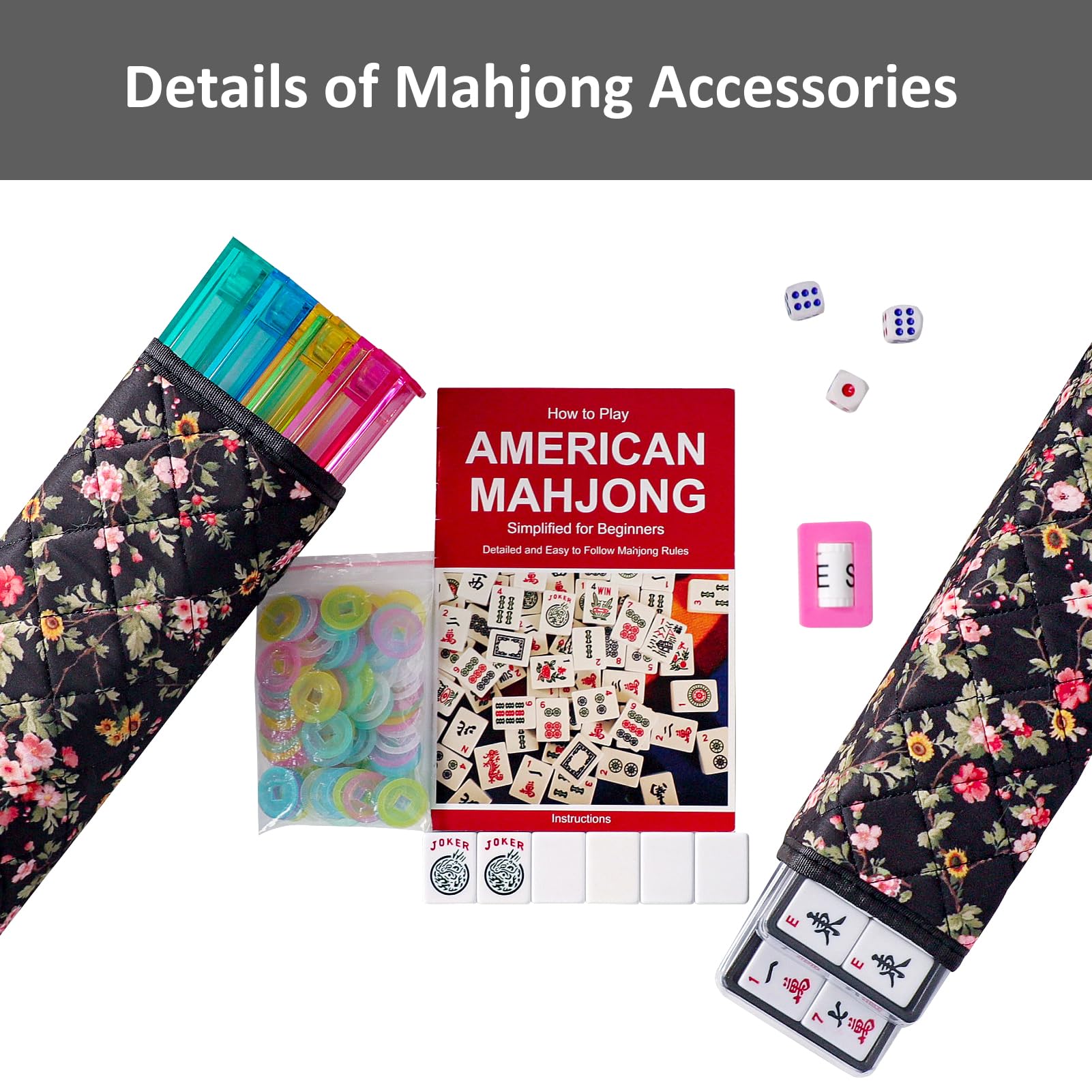 American Mahjong Game Set, 166 Premium White Tiles, 4 All-in-One Color Rack/Pushers, Complete Mahongg Tile Set，Flower Printed Carrying Bag (Rectangular, Black)