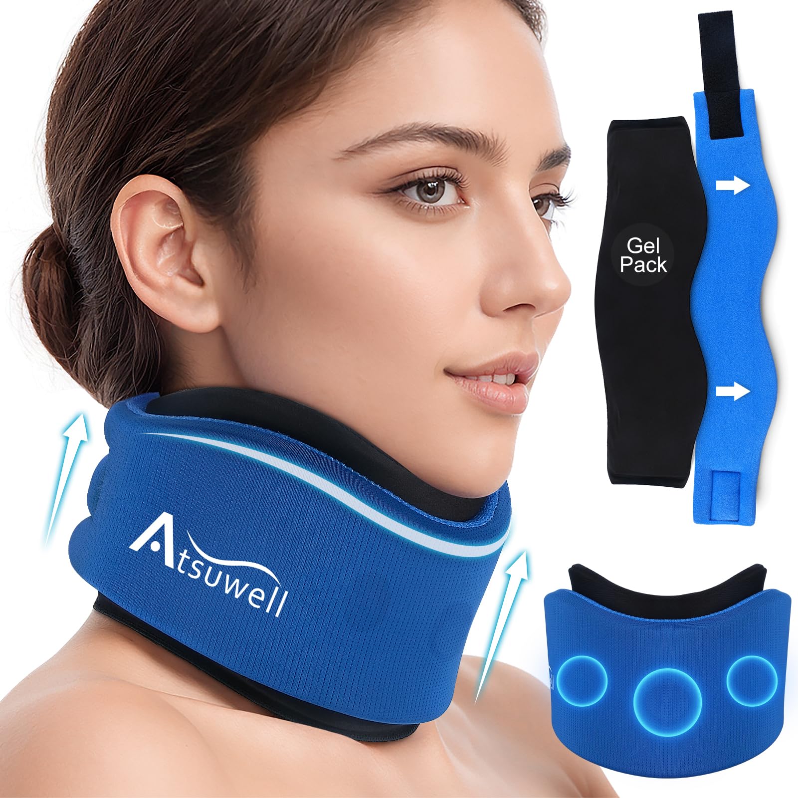 Photo 1 of Atsuwell Neck Brace for Sleeping, Soft Cervical Collar for Support, Adjustable Neck Support Brace with Hot Cold Gel Packs Reusable for Office Pressure, Fatigue, Blue