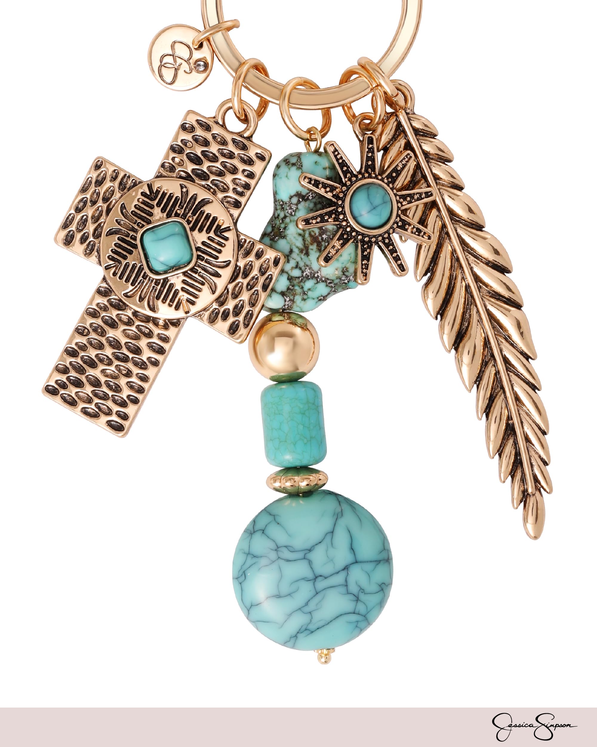 Jessica Simpson Turquoise Cross Keychain with Feather and Western Charms, Cross Bag Charm, Western Key Chain