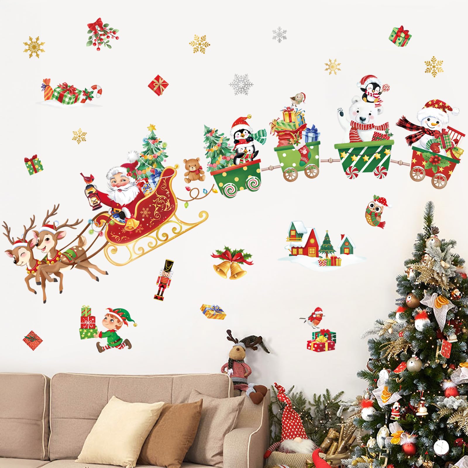 decalmile Christmas Window Wall Decals Santa Claus Reindeer Wall Stickers Christmas Train Snowman Penguin Bear Window Clings Kids Room Home Party Shop Decoration — image 1