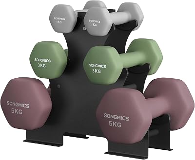 SONGMICS Hex Dumbbells Set with Stand 1kg 3kg 5kg Neoprene Matte