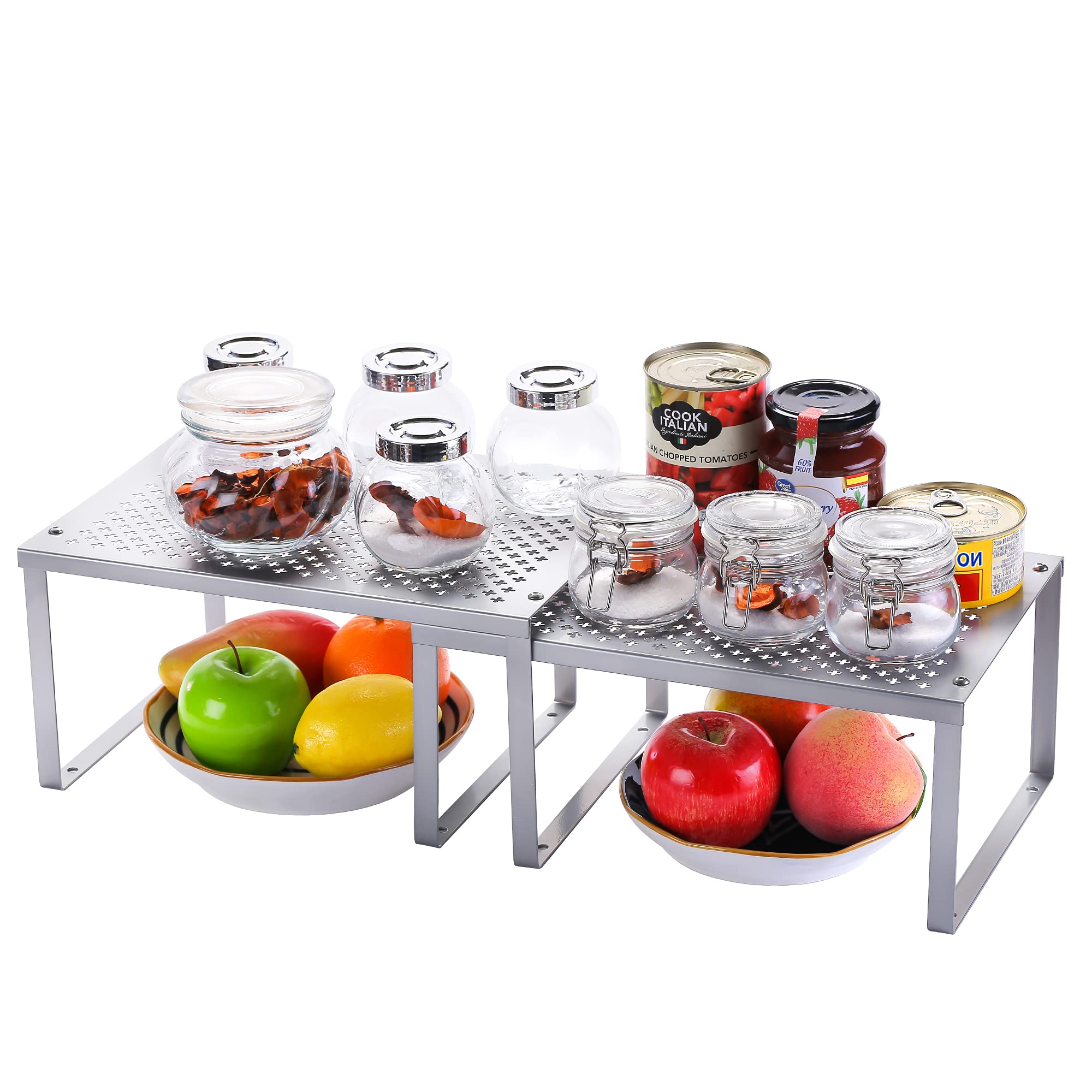 2 Pack Expandable Shelf Insert,Stackable Kitchen Counter Shelf Organizer, Kitchen Cupboard Organzier, Cabinet Pantry Shelf Organization and Storage for Kitchen Bathroom,Silver