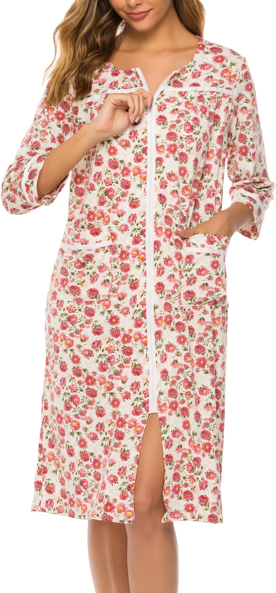 UUANG Women Zipper Robe Half Sleeve Loungewear Knee Length Nightgown Duster Housecoat with Pockets S-XXL