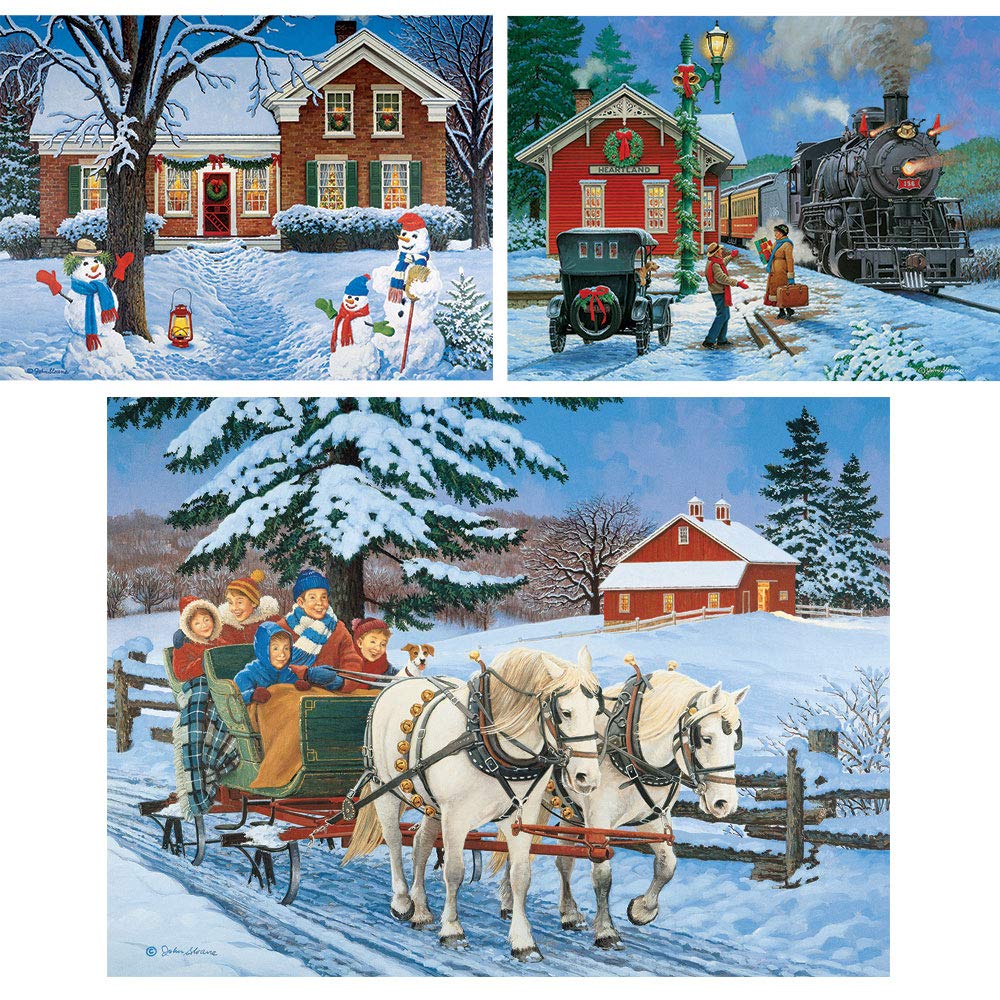 Bits and Pieces - Value Set of Three (3) 1000 Piece Jigsaw Puzzles for Adults - Each Puzzle Measures 20" X 27" - 1000 pc Classic Winter Holiday Jigsaws by Artist John Sloane
