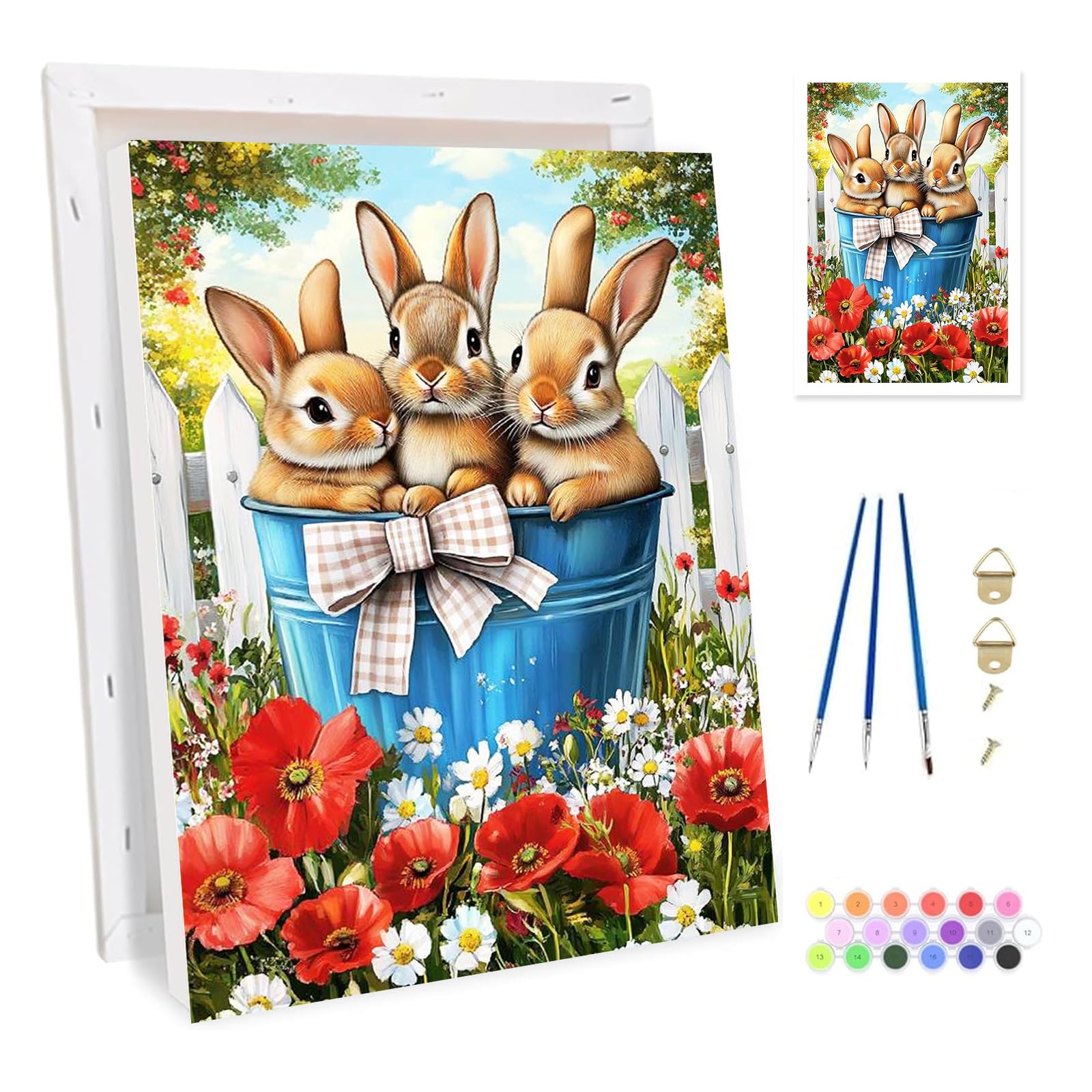 Bowetile Easter Three Bunnies Framed Paint by Numbers for Adults, Flowers Painting by Numbers Kit for Adults Beginners Canvas Kit, DIY Color Oil Painting Acrylic Paints for Home Wall Decor 20x30cm