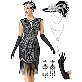 MTITE Women's Flapper Dresses 1920s for Women Great Gatsby Sequin Fringed Roaring 20s Cocktail Dress with Accessories Set