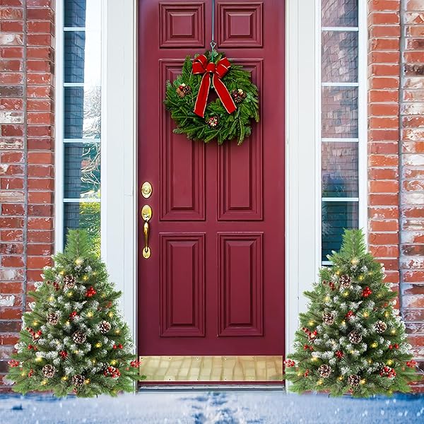 LAVEVE 34″ PRELIT SMALL CHRISTMAS TREE WITH LIGHTS, BATTERY OPERATED XMAS TREE WITH PINE CEDAR CONES & BERRIES, FROSTED URN FILLER, 50 LED WARM LIGHTS WITH TIMER, OUTDOOR FOR PORCH AND PATHWAY, 2 PACK