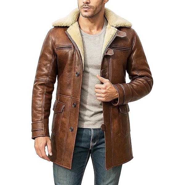 III-Fashions Mens Long Faux Fur Shearling Pea Coat Distressed