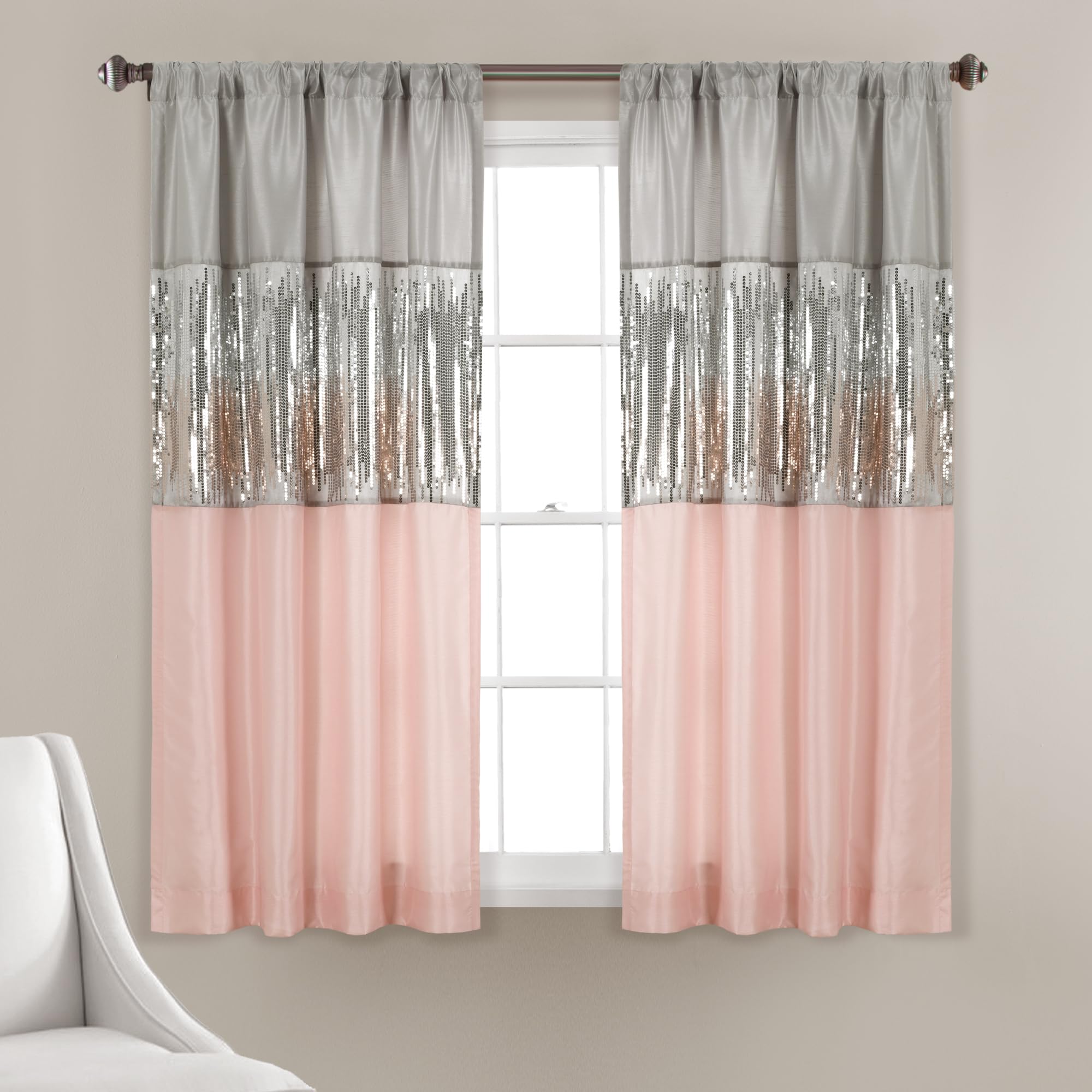 Lush Decor Night Sky Window Curtain Panel, Single, 442" W x 63" L, Gray & Blush - Sequin Curtains - Sparkle & Color Block Design - Modern Glam Decor - Short Curtains For Bedroom & Living Room
