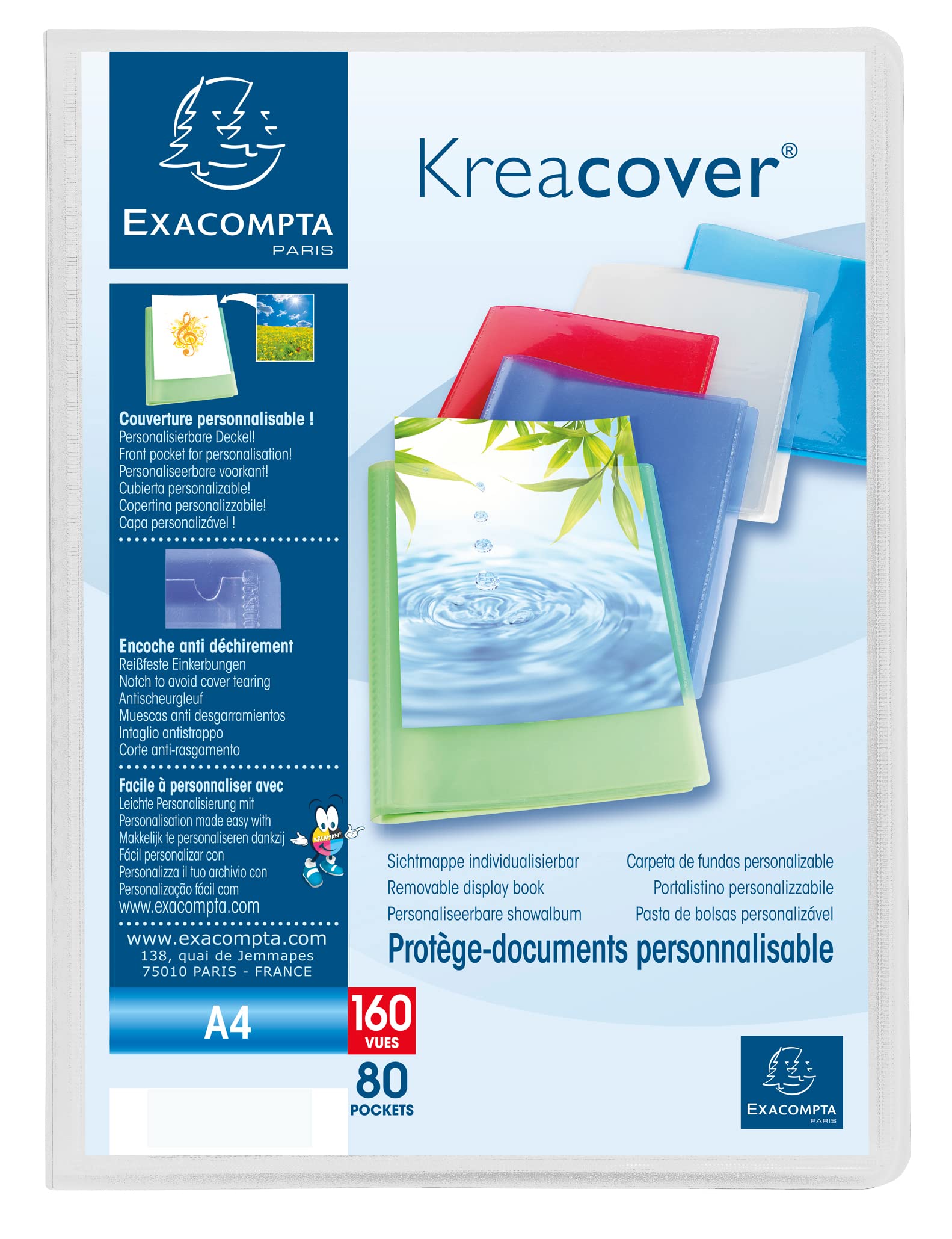 Exacompta - Ref. 5788E - 1 Kreacover Chromaline document cover - 80 smooth crystal pockets - 160 views - for A4 - size 24 x 32 cm - semi-rigid polypro cover - colourless