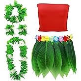 Yahenda 6 Pcs Hawaiian Woman Costume Leaf Hula Skirt with Crop Top Flower Necklace and Leis Outfits for Summer Luau Party