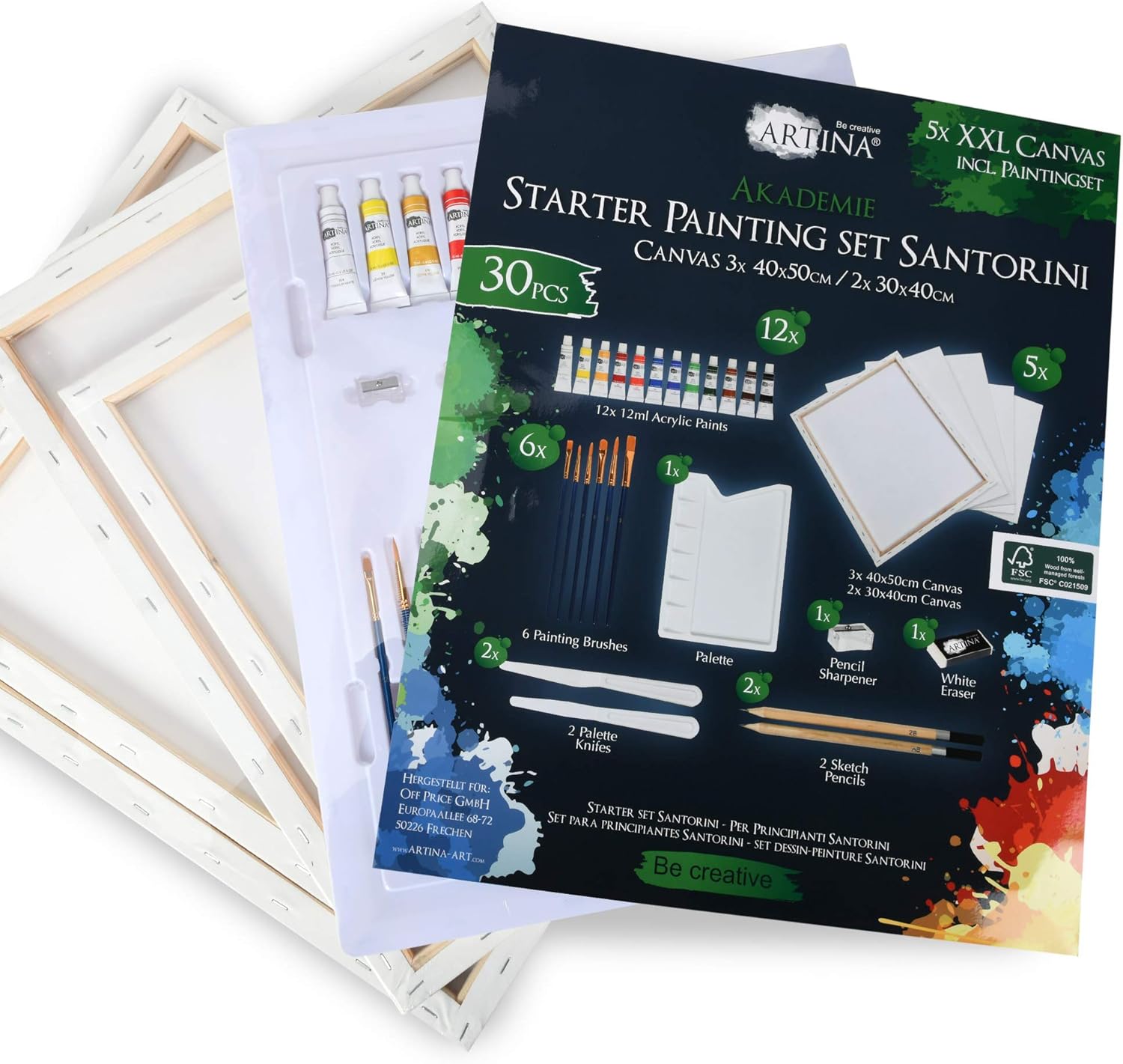 Artina 30 Teile XXL Keilrahmen Set & Acrylfarben Set Santorini – Malset Acryl mit 40x50cm & 30x40cm Keilrahmen & viel Zubehör für Erwachsene und Kinder