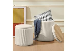 Chilihom Round Ottoman with Storage Set of 2 Upholstered Velvet Vanity Stool for Makeup Lines Support 300lbs Ottomans Multifunctional Foot Rest Coffee Table Padded Seat for Living Room&Bedroom-Beige