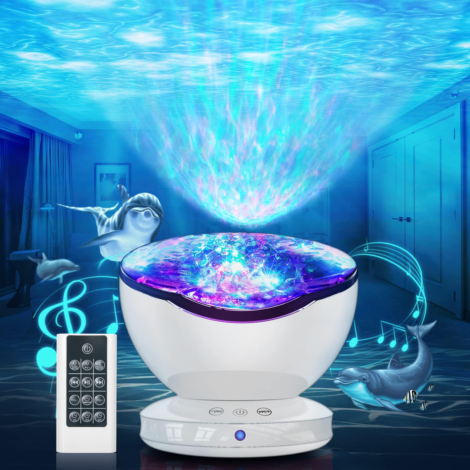 Ocean Wave Projector, 12 LEDs & 8 Lighting Modes, Light Projector for Bedroom Remote Control, Timer & 6 Natural Sounds, Ocean Waves Night Light Projector Lamp is Suitable Baby Kids Adults Living Room