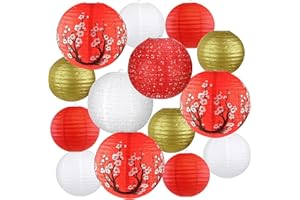 PEYWOT 14Pcs Chinese Japanese Paper Lantern Assorted Sizes (8" 10" 12") Hanging Plum Blossom Red White Gold Chinese Lanterns for Chinese New Year Decorations, Lunar New Year, Spring Festival, Home Decor