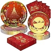 Fighting to Achieve 72PCS Christmas Plates and Napkins for Party Decorations, Set of 24 Merry Christmas Disposable Tableware Supplies, Red Gold Christma Tree Plates for Xmas Party