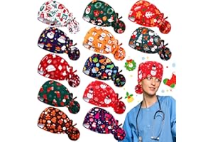 Croknit 12 Pcs Christmas Scrub Caps Women Surgery Cap Nursing Hats with Button Adjustable Bouffant Nurse Hats Ponytail Holder(Classic Style) Multicolor
