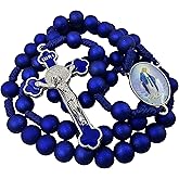 TALISMAN4U Deep Blue Rosary Beads Catholic Prayer Necklace with Saint Benedict Crucifix Our Lady of Grace Medal Religious Gift Rosary Pouch