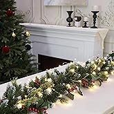 HipTree 6ft Christmas Garland with Lights,Lighted Artificial Flowering Pine Garland for Mantle,Prelit Faux Green Christmas Winter Garland with Pine Cones and Red Berry for Indoor Outdoor Decor