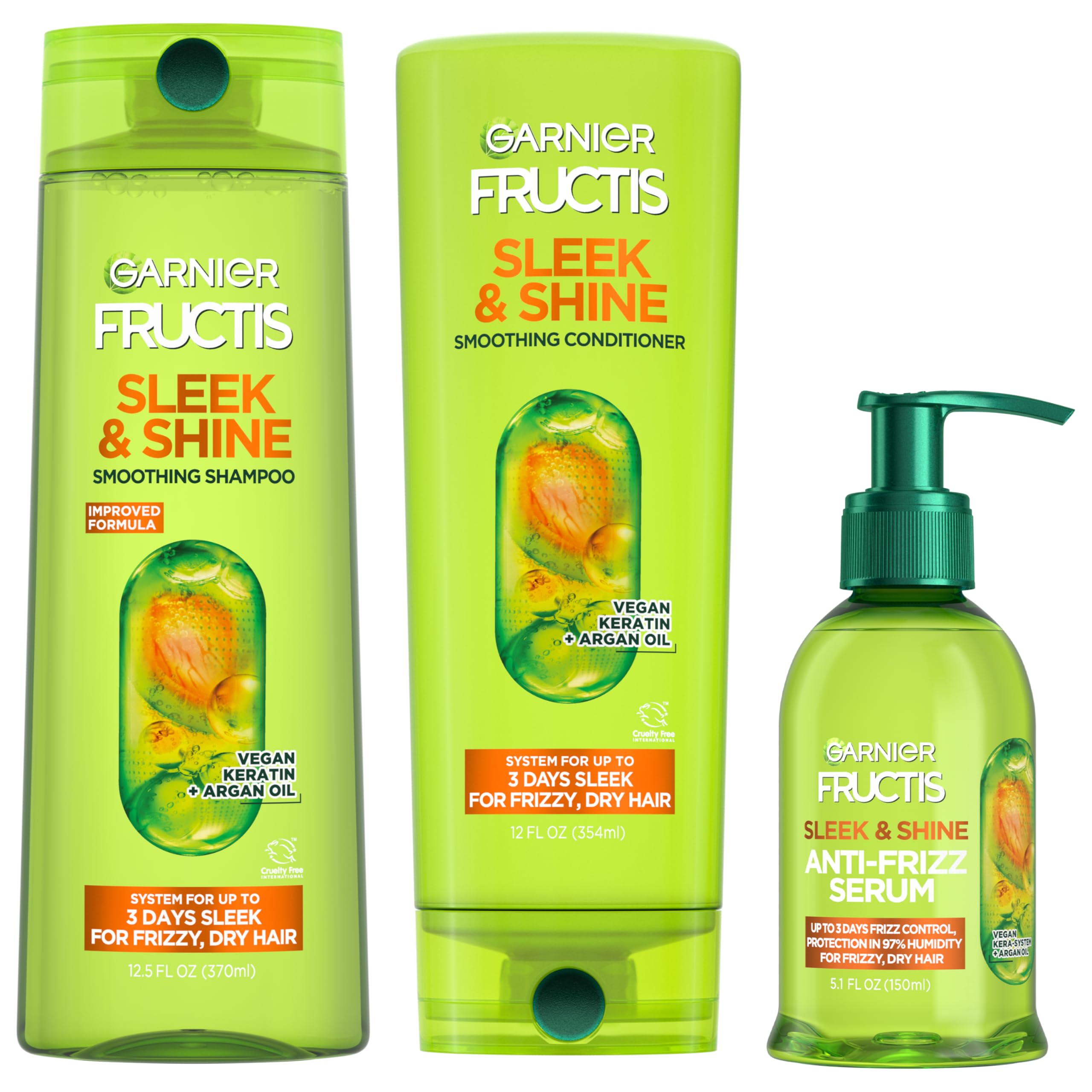 Photo 1 of Garnier Fructis Sleek & Shine Shampoo, Conditioner + Anti-Frizz Serum Set for Frizzy, Dry Hair, Argan Oil (3 Items), 1 Kit (Packaging May Vary)