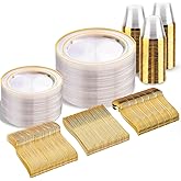 bUCLA 300Pcs Clear Gold Plastic Disposable Dinnerware Set - Clear Plates with Gold Trim Include 50 Dinner / 50 Dessert Plates,50 Cups,150 Plastic Silverware Set for Party