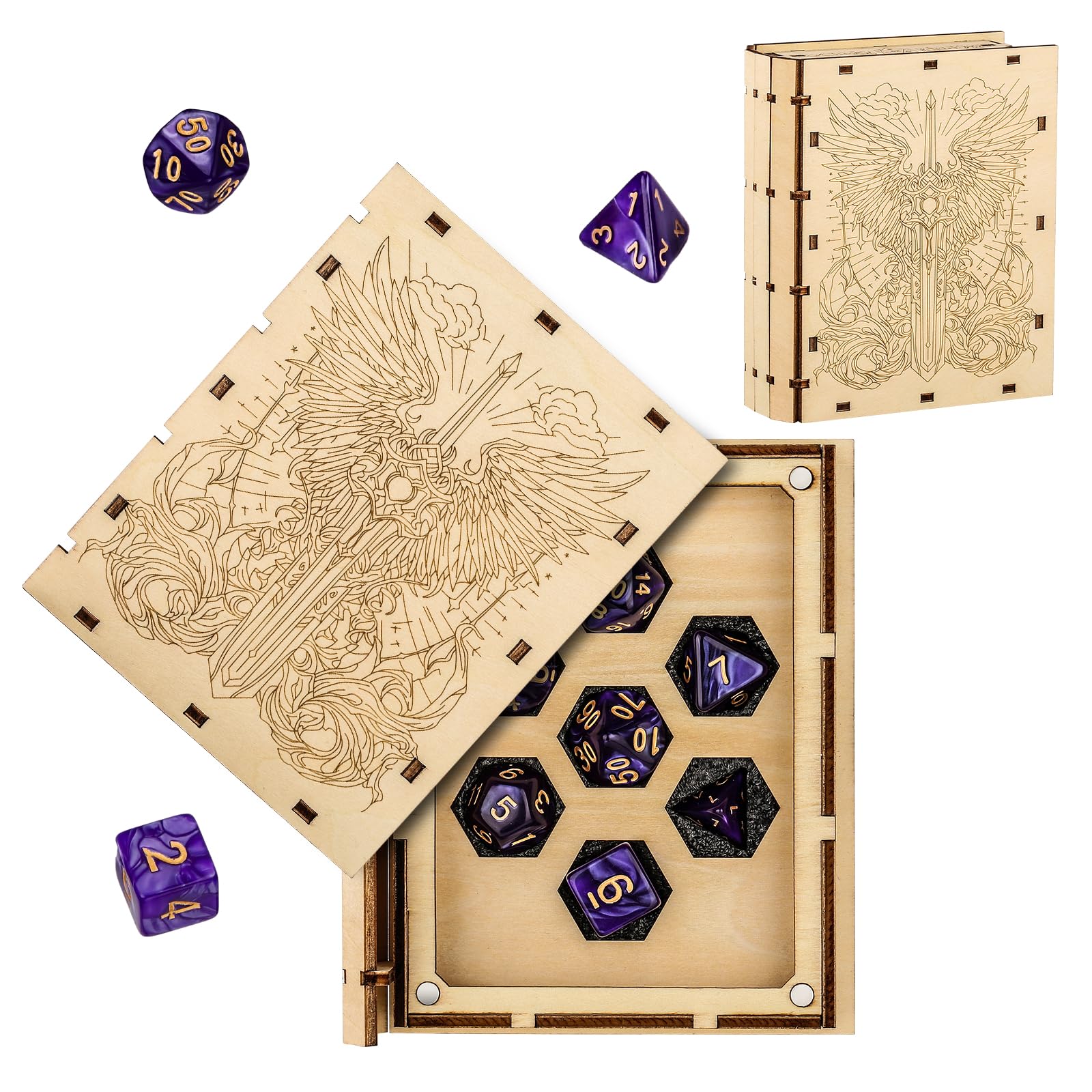 LKKCHER DESIGN 1 D&D Dice Box with 7 Purple Gold Polyhedral Dice, Wooden Magic Book Cover Warrior Box, DND Storage Organizer, RPG Accessories for Game Nights, Tabletop Gaming Gifts for Player