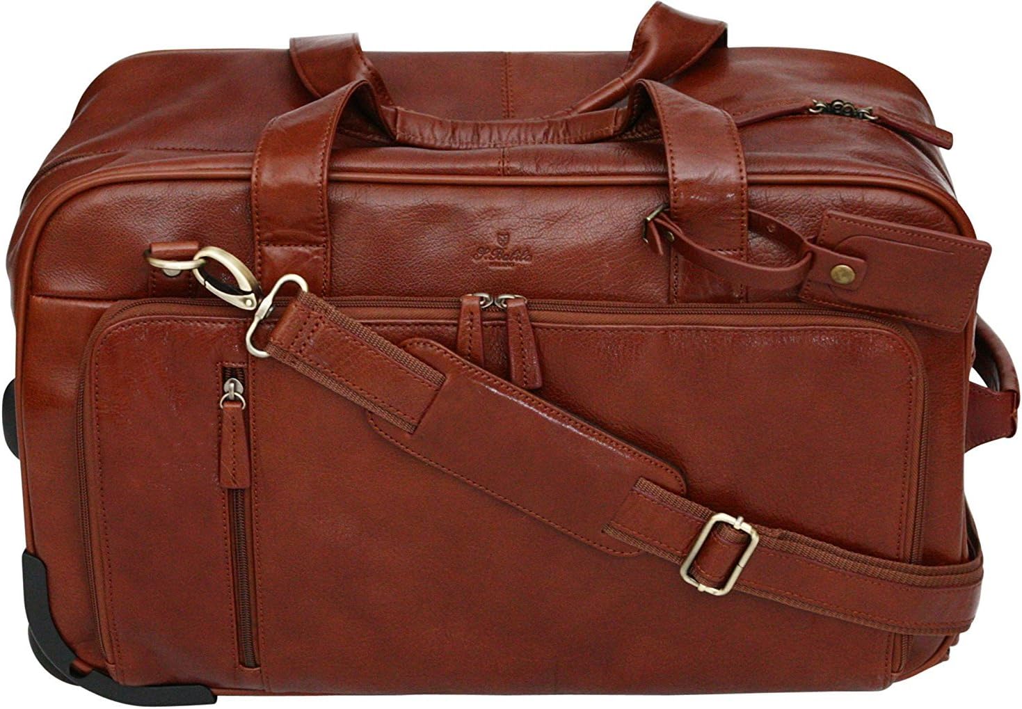 S Babila Top Grain Leather Wheeled Holdall - Push Button Telescopic Handle - Cognac