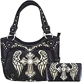 Western Style Rhinestone Cross Studded Laser Cut Wings Tooled Leather Purse Women Handbags Country Shoulder Bag Wallet Set