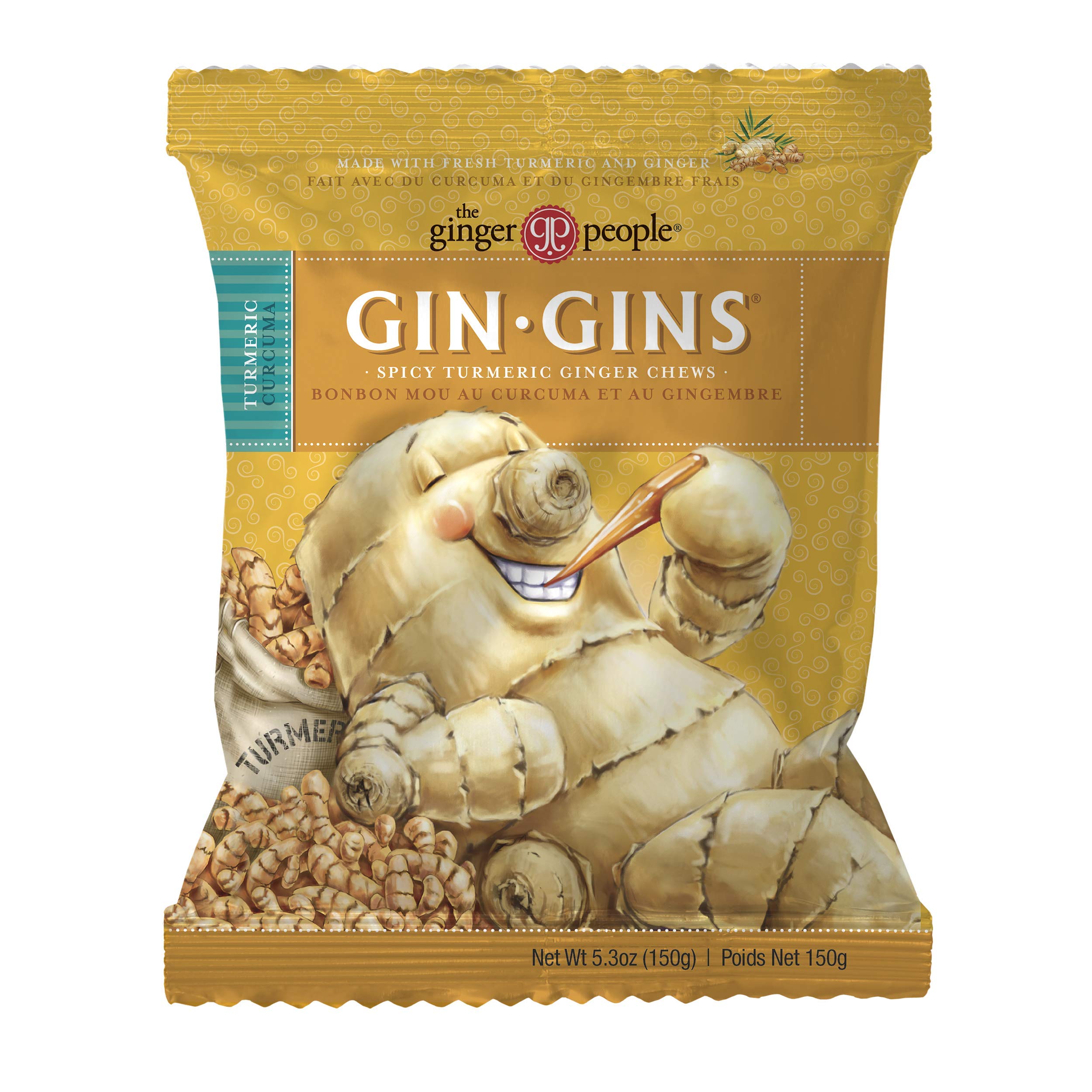The Ginger People Gin Gins Spicy Turmeric Ginger Chews, Case of 12 (5.3oz Bags)