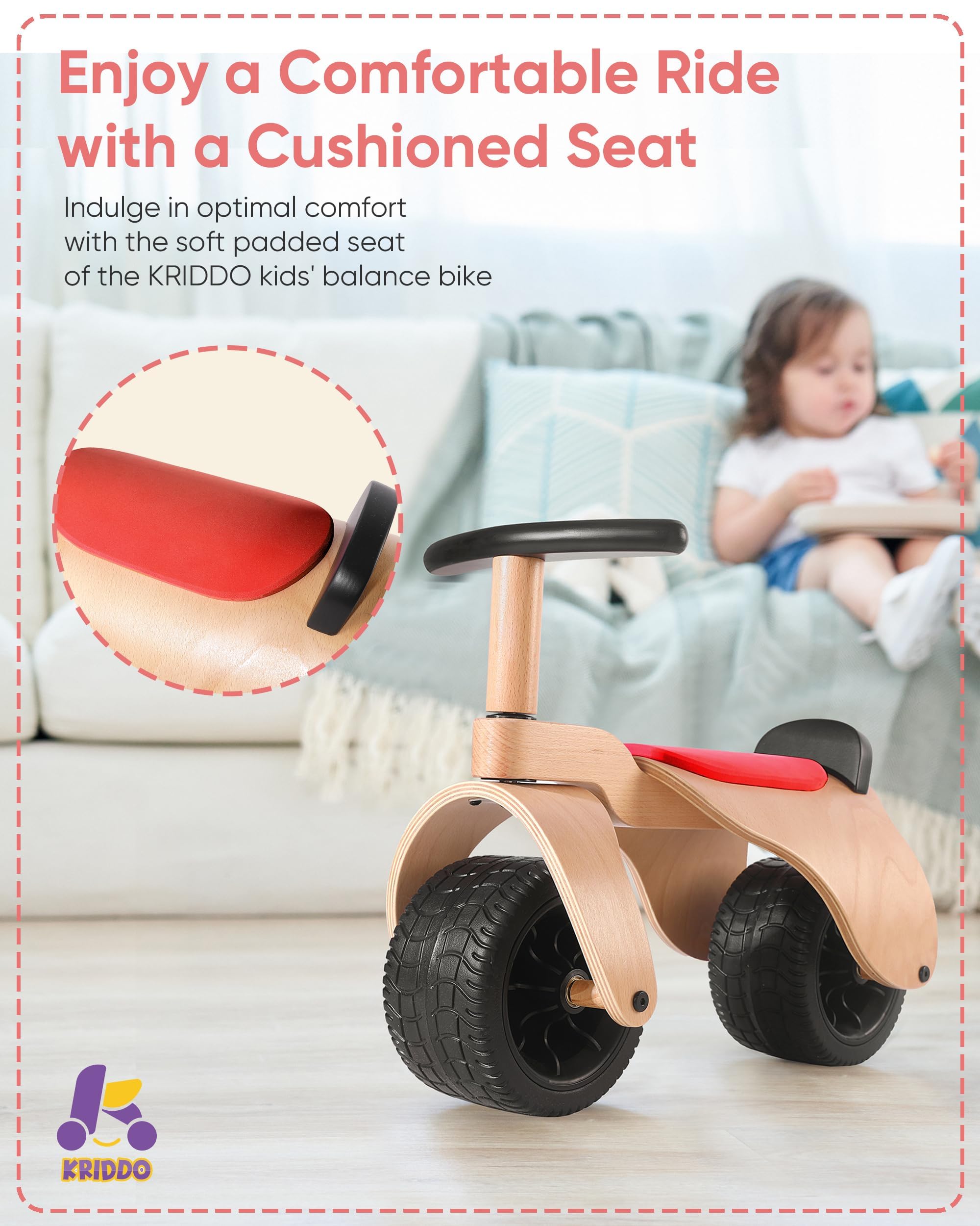 KRIDDO Wooden Baby Balance Bike 1 Year Old, Wide Wheels for Stable and Smooth Ride, Boy Girl First Balance Bike Gift for 12 Month to 3 Year, Non-Sharp Edge, Soft Seat