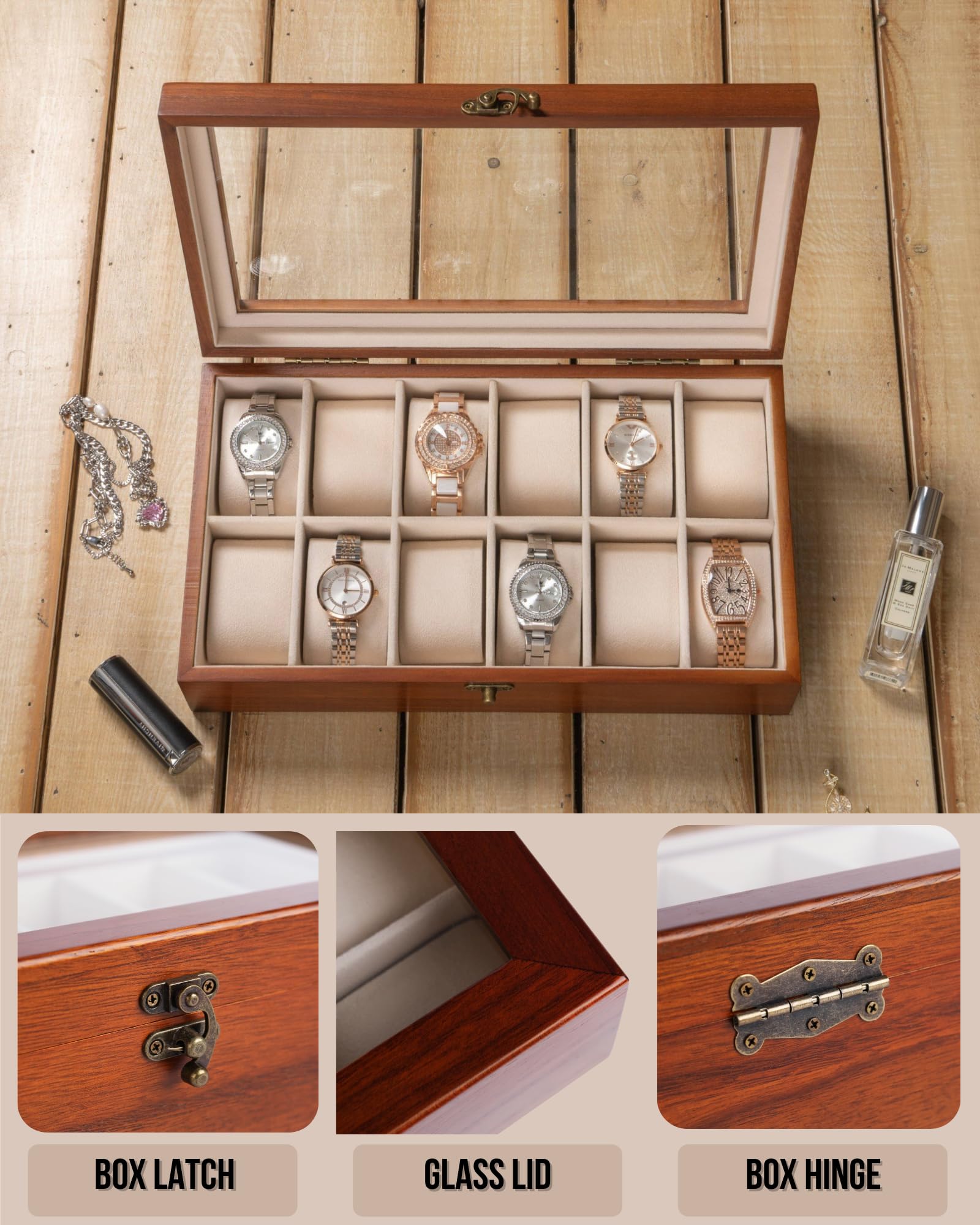 Exper City Watch Box, Watch Case for Men Women with Large Glass Lid, Wooden Watch Display Storage Box with 12 - Slots, Classic Walnut Mens Watch Box Organizer