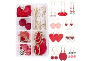 SUNNYCLUE 1 Box DIY 10 Pairs Valentine's Earring Making Kit Red Theme Flower Cherry Charms Round Cloth Fabric Heart Leather Pendants with Earring Hooks for Handmade Earrings Beginner