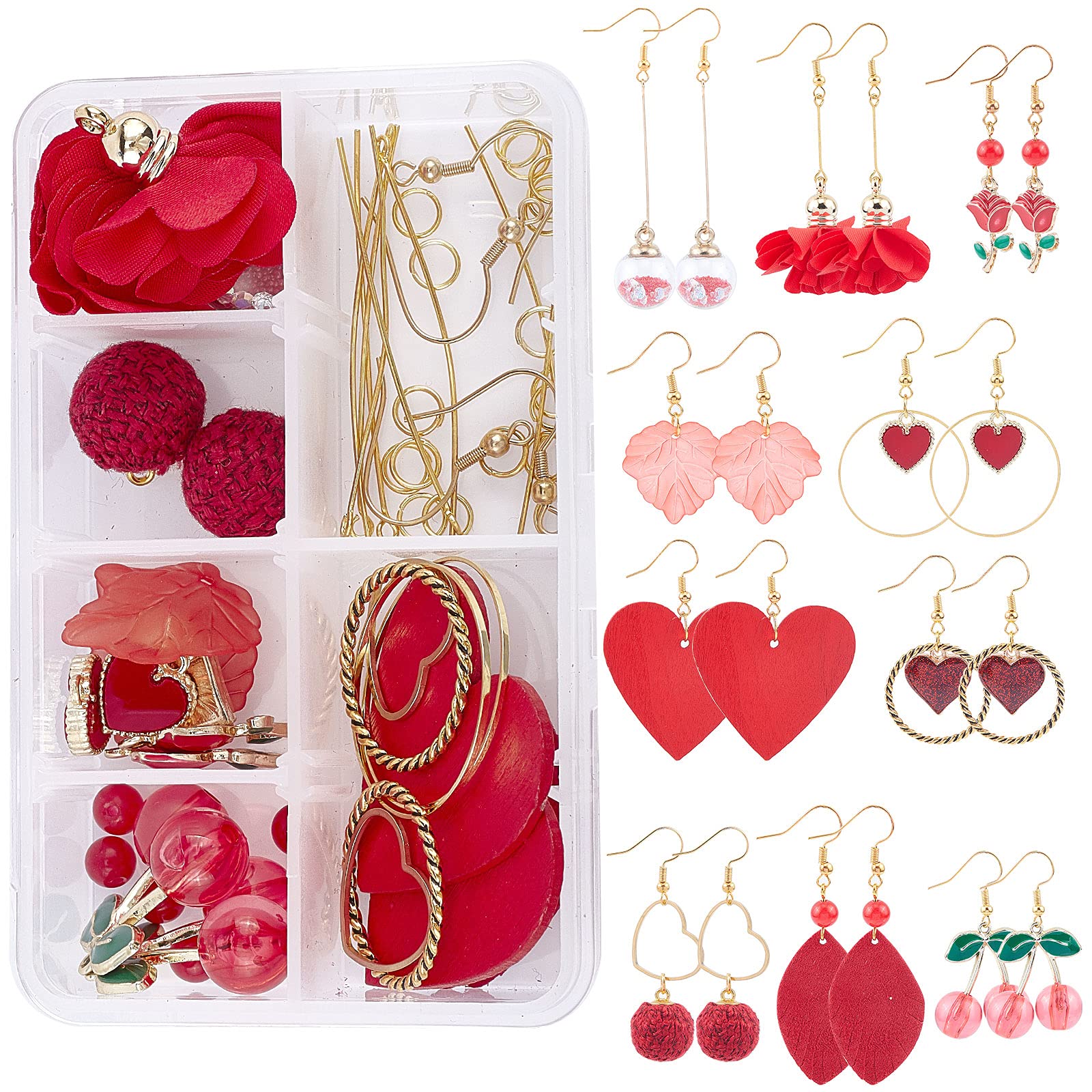 SUNNYCLUE 1 Box DIY 10 Pairs Valentines Day Earring Making Kits Red Flower Cherry Charms Round Cloth Fabric Heart Leather Pendants with Earring Hooks for Handmade Earrings Beginner