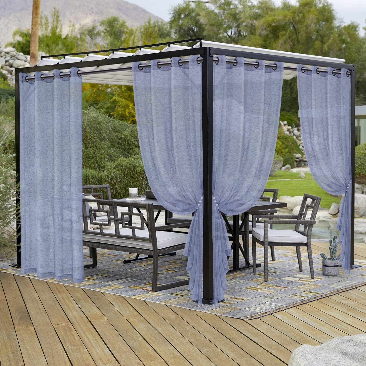 Outdoor Curtains - LORDTEX Burlap Linen Look Outdoor Curtains for Patio - 2 Panels Waterproof Sheer Curtains for Pergola, Porch, Cabana and Gazebo Grommet Indoor/Outdoor Voile Sheer Drapes (52 x 95 inch, Navy)