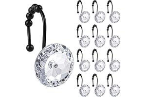 Sunlit Luxury Design Round Clear Diamond Crystal Gem Bling with Glide Balls Shower Curtain Hooks, Rust Proof Metal Rhinestone