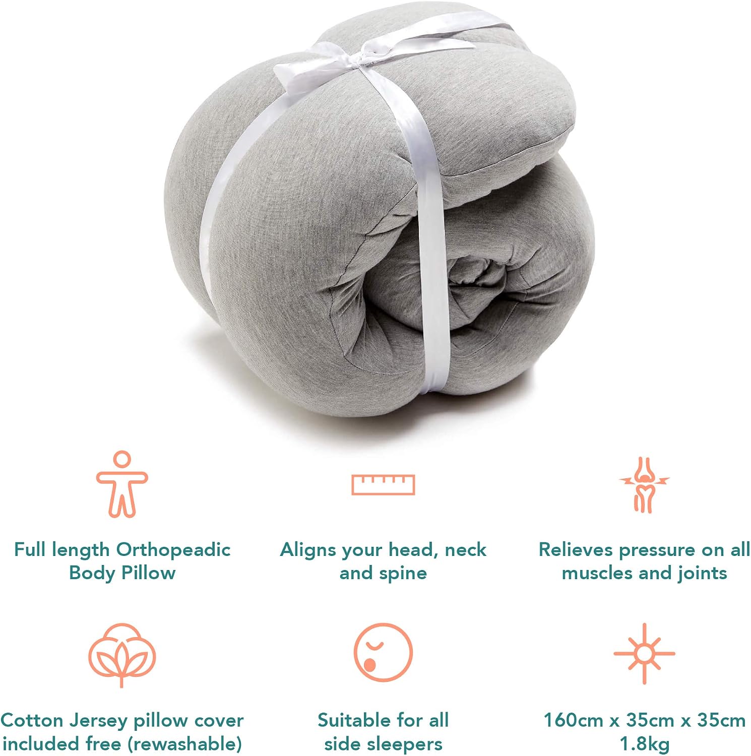 Kallysleep Full Body Sleep Pillow, Best Orthopaedic Pillow for Pregnancy Neck & Back Pain, Recovery Support, 145 x 35cm, Grey - Image 5