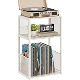 VASAGLE 3-Tier Record Player Stand, Vinyl Record Storage up to 100 Albums | Side Table, End Table for Living Room, Bedroom, Rustic White, DACEY Collection ULET275W01